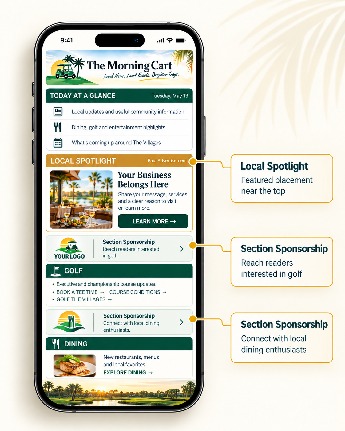 The Morning Cart advertising examples: Local Spotlight, featured placement near the top; Section Sponsorship, reach readers interested in golf; Section Sponsorship, connect with local dining enthusiasts